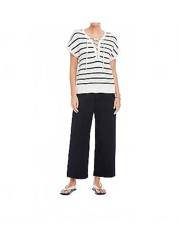 Fifteen Twenty Beth Crochet Stripe Lace-Up Sweater in Off White (view 2)