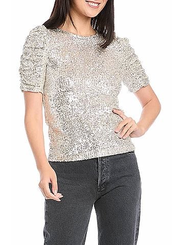 Fifteen Twenty Sequin Puff Sleeve Top in Champagne (view 2)