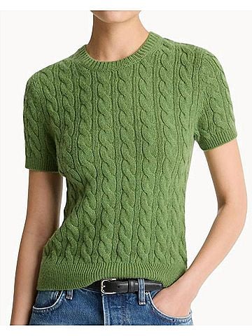 Vince. Cashmere Blend Cable Knit Tee in Clover (view 2)
