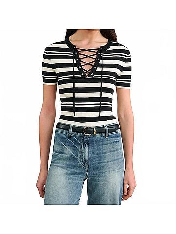 Nili Lotan Oaklynn Silk Knit Sweater in Black/ Ivory Stripe (view 2)