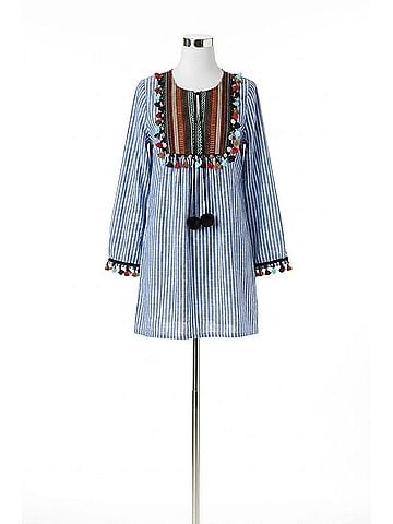 Velzera Pin Striped Tassel Yoke Tunic in Blue (view 1)