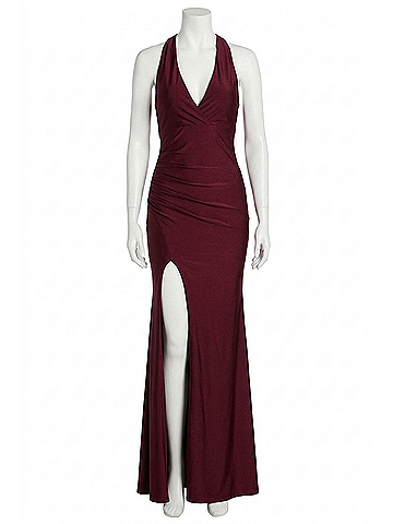 La Femme Satin Jersey Trumpet Gown Dress in Dark Berry (view 1)