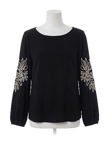 Tribal Women's Soutache Embroidered Boat Neck Puff Sleeve Top in Black (view 1)
