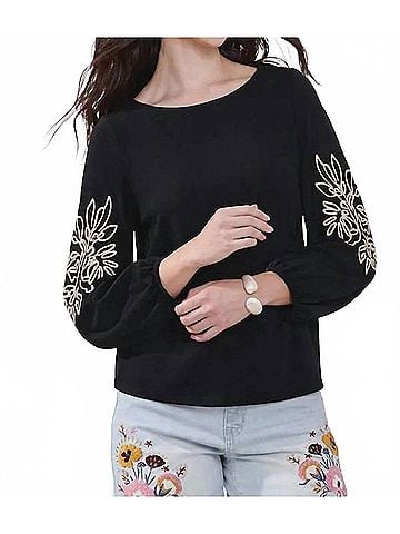 Tribal Women's Soutache Embroidered Boat Neck Puff Sleeve Top in Black (view 2)