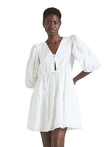 & Other Stories Appliqué Tie-Front Keyhole Puff Sleeve Mini Dress Casual Dress (view 1)