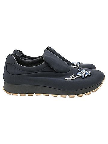 Prada Prada Flower Crystal-Embellished Slip-On Sneakers in Navy Blue Neoprene (view 1)