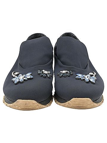 Prada Prada Flower Crystal-Embellished Slip-On Sneakers in Navy Blue Neoprene (view 2)