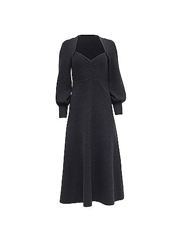 Sandro Sandro Sweetheart-Neck Puff-Sleeve Midi Dress in Black Wool (view 1)