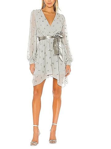 Lovers + Friends Silver Beaded Wrap Mini Dress With Satin Tie Cocktail Dress (view 1)