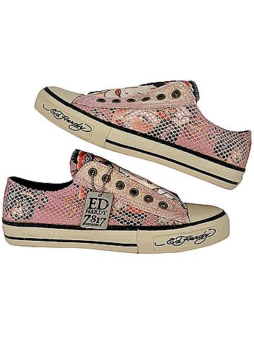 Ed Hardy 2007 VTG Pink Canvas Tattoo Graphic Glitter Dog Tag Slip Ons | Y2K Grunge Glam Emo Skater Cult Icon Sneakers (view 2)