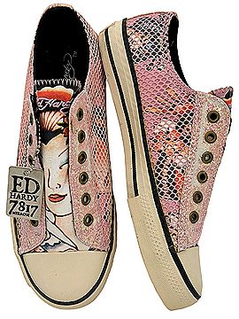 Ed Hardy 2007 VTG Pink Canvas Tattoo Graphic Glitter Dog Tag Slip Ons | Y2K Grunge Glam Emo Skater Cult Icon Sneakers (view 1)