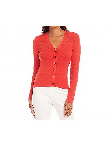 Karen Kane Odette Ribbed Cardigan Sweater in Orange (view 2)