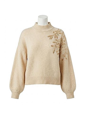 Tribal Long Sleeve Mock Neck Sweater With Sequins in Heather Latte (view 1)