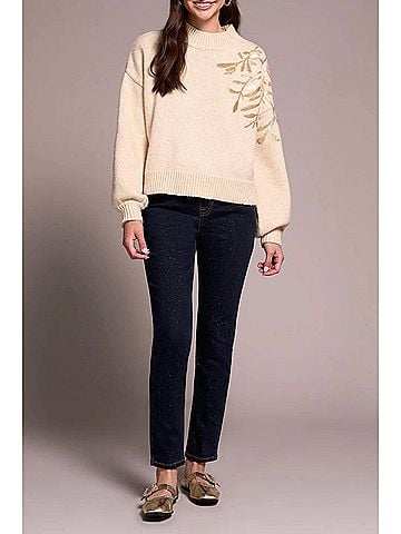 Tribal Long Sleeve Mock Neck Sweater With Sequins in Heather Latte (view 2)