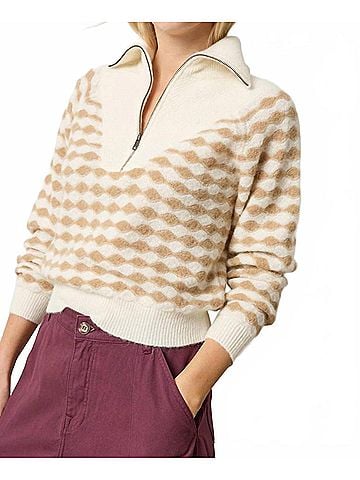 Lilla P Mixed Stitch Half Zip Sweater in Ivory/Birch Stripe (view 2)