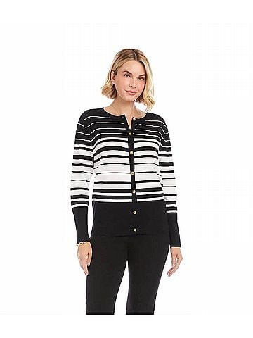 Karen Kane Sutton Stripe Cardigan Sweater in Black And Off White (view 2)