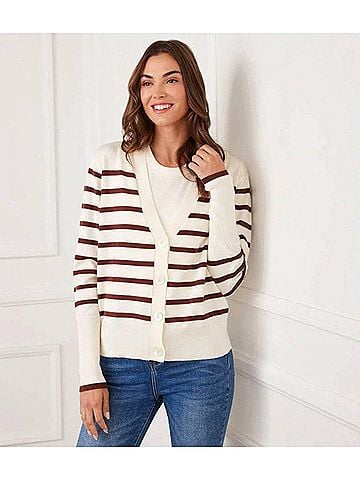Karen Kane Stripe Cardigan Sweater in Cream And Chocolate (view 2)