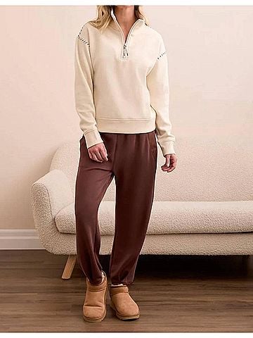 Tribal Farren French Terry Stitch-Accent Zip Funnel Neck Sweater in Moonstone (view 2)