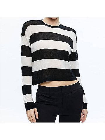Alice + Olivia Sherrell Crew Neck Pullover Sweater in Black Ecru (view 2)