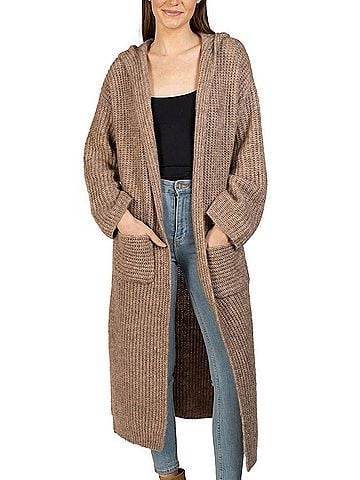 Love Token Long Hooded Cardigan in Mocha (view 2)
