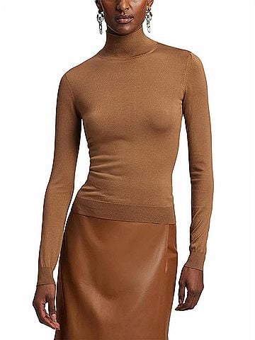 Ralph Lauren Stretch Silk Jersey Mockneck Sweater in Light Toffee (view 2)