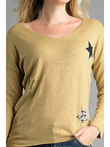 Tempo Paris Lightweight V Neckline Sweater With Stars In Mustard in Mustard (view 2)