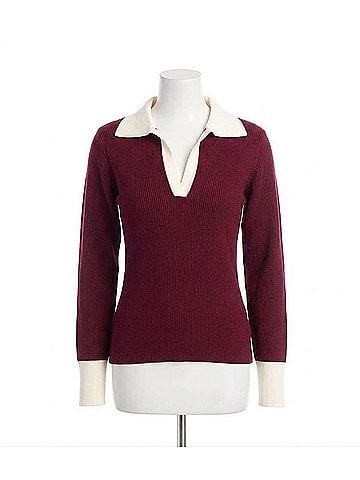 Karen Kane Catrina Contrast Ribbed Polo Sweater in Wine And Cream (view 1)