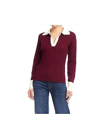 Karen Kane Catrina Contrast Ribbed Polo Sweater in Wine And Cream (view 2)