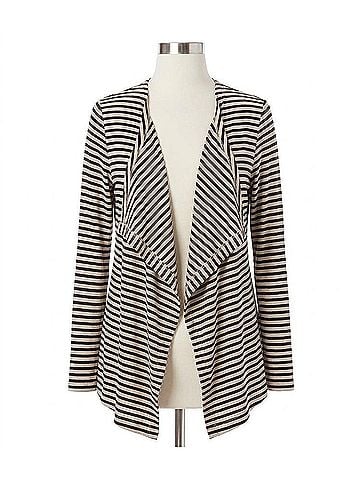 Karen Kane Sidra Stripe Drape Front Cardigan in Black And Oatmeal (view 1)