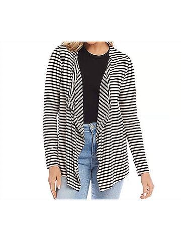 Karen Kane Sidra Stripe Drape Front Cardigan in Black And Oatmeal (view 2)
