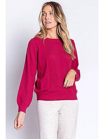 P.J. Salvage Pretty In Pointelle Long Sleeve Lounge Sweater Top in Raspberry (view 2)