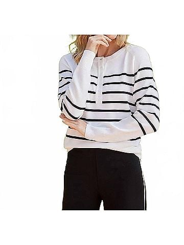 Karen Kane Stripe Henley Sweater in Off White And Black (view 2)