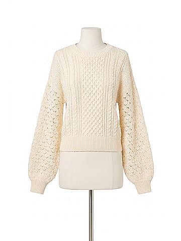 525 America Piper Dramatic Sleeve Cable Sweater in Cream (view 1)