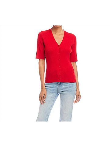 Karen Kane Suzette Short Sleeve Ribbed Cardigan Sweater in Red (view 2)