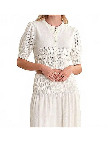 525 America Odette Cropped Puff-Sleeve Cardigan in Chalk (view 2)
