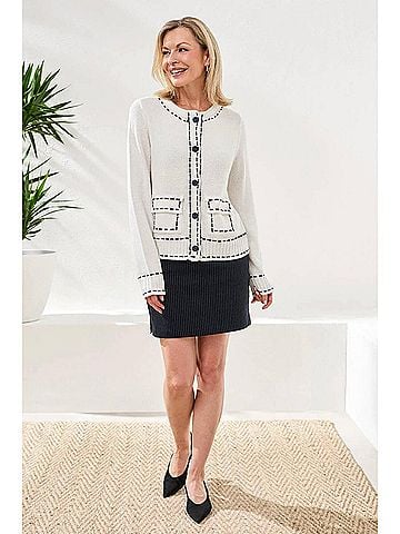 Tribal Blaith Boucle Yarn Contrast Stitch Cardigan Sweater in White (view 2)