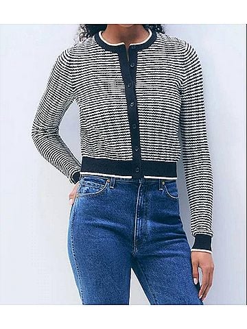 White + Warren Boucle Cardigan in Midnight/Ivory Stripe (view 2)