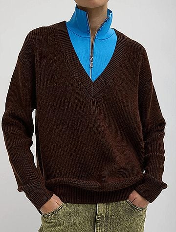 Tibi Cardigan Stitch V Neck With Removable Dickie Top in Brown (view 2)