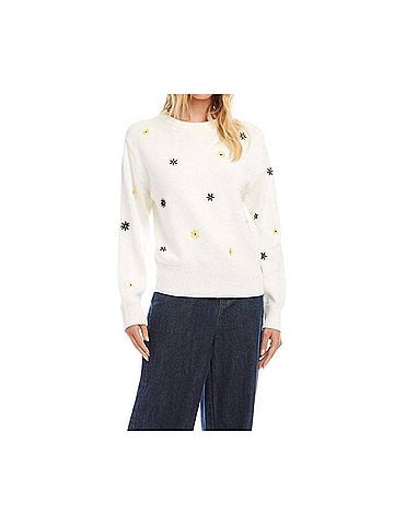 Karen Kane Ellery Embroidered Daisy Crewneck Sweater in Off-White (view 2)