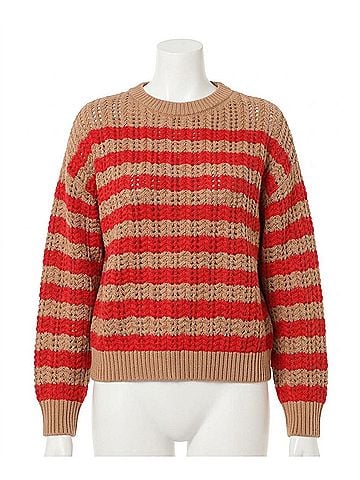 Lilla P Stripe Stitch Sweater in Acorn/Scarlet (view 1)