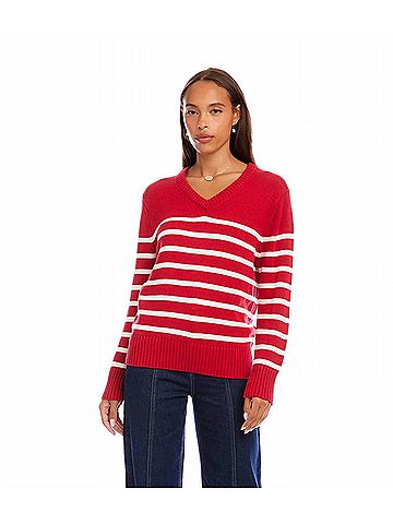 Karen Kane Stripe V-Neck Sweater in Red With Off White (view 2)