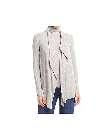 Karen Kane Long Sleeve Ribbed Drape Front Cardigan - Petite Petite in Heather Gray (view 2)