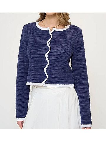Central Park West Wren Scallop Crochet Cardigan in Navy (view 2)