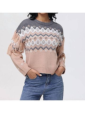 525 America Fringe Fair Isle Sweater in Light Taupe Multi (view 2)
