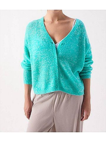 American Vintage Nuggy V-Neck Cardigan in Turquoise Fluo Chine (view 2)