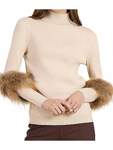 Tyler Boe Cosette Cotton Cashmere Mock Neck Faux Fur Sweater in Limestone (view 2)