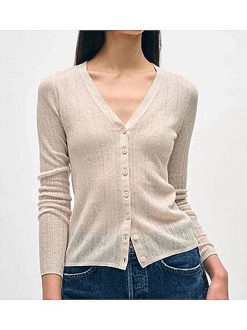 White + Warren Rib V-Neck Cardigan in Beige (view 2)