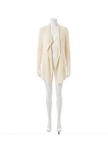 Karen Kane Long Sleeve Ribbed Drape Front Cardigan - Petite Petite in Dark Cream (view 1)