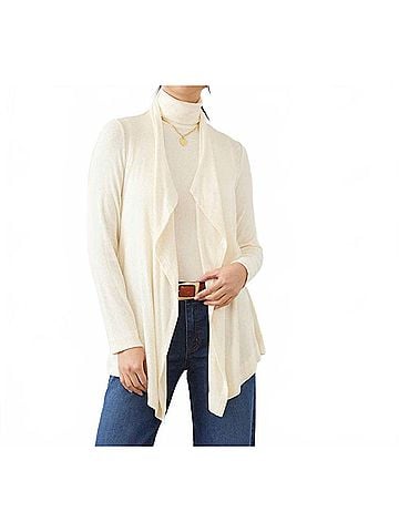 Karen Kane Long Sleeve Ribbed Drape Front Cardigan - Petite Petite in Dark Cream (view 2)