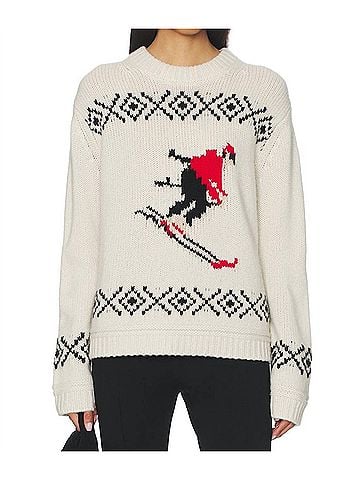 White + Warren Ski Crewneck Sweater in Ivory, Black &amp; Red (view 2)